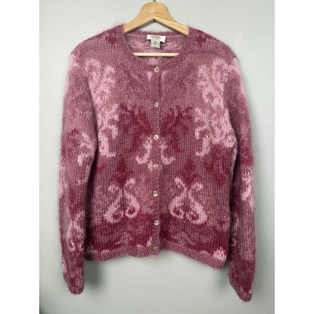 Vtg Talbots Pink Hand Knit Mohair Blend Cardigan Sweater Romantic Boho Floral